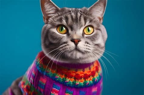 Premium Photo Cute Cat With Colorful Jumper