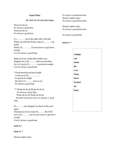 Song Worksheet: Good Time By Owl City & Carly Rae Jepsen