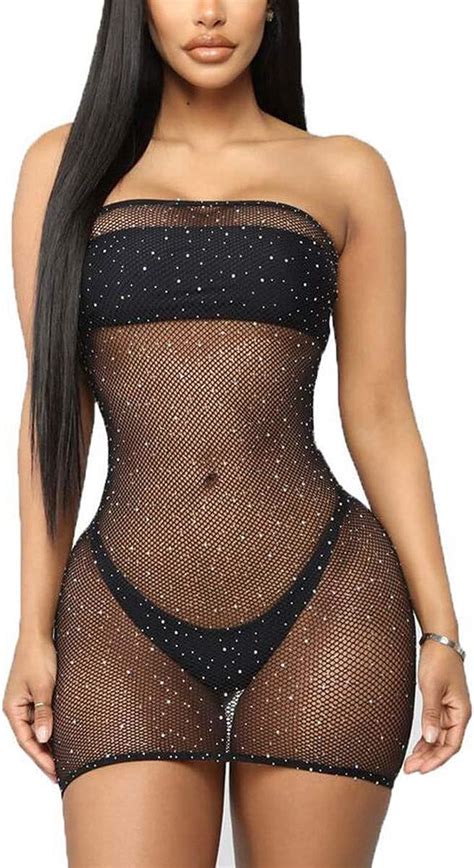 Amazon Women Sexy Mini Dress Mesh Fishnet Bodystockings Lingerie Ultrathin Sleepwear Tube