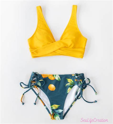 Yellow And Lemon Print Mid Waist Bikini Sets Two Pieces Lace Etsy