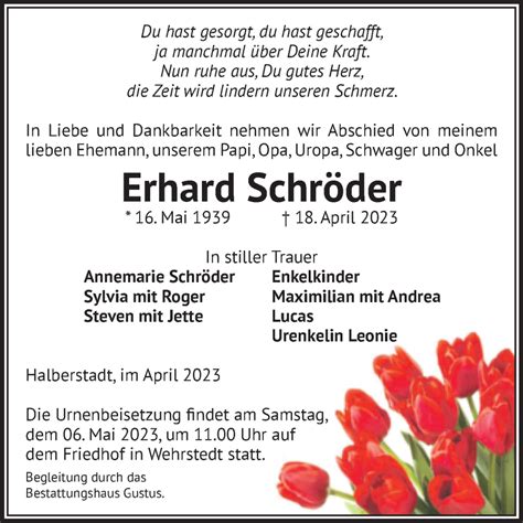 Traueranzeigen Von Erhard Schr Der Abschied Nehmen De