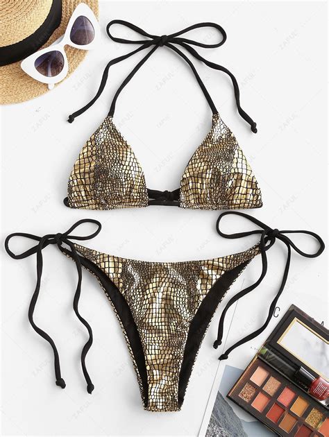 Off Zaful Metallic Snakeskin Halter String Bikini Swimwear In Golden Zaful