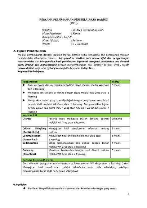 Rencana Pelaksanaan Pembelajaran Daring Polimer Rencana