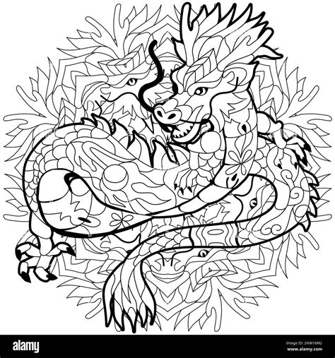 Zentangle dragon on mandala for coloring. Hand drawn decorative vector