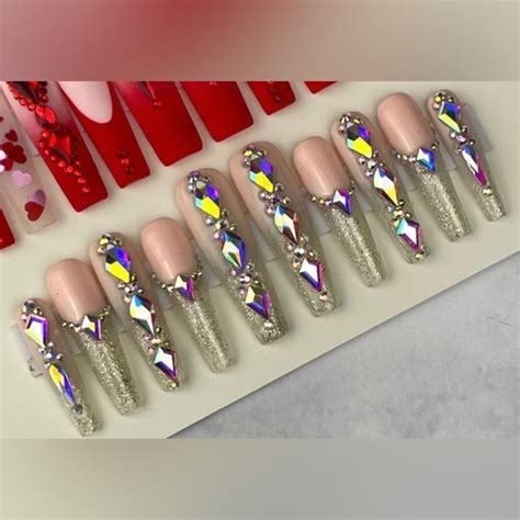 Handmade Makeup Extra Long Coffin Press On Nails Rhinestones Glitter Nude Ombr Handmade