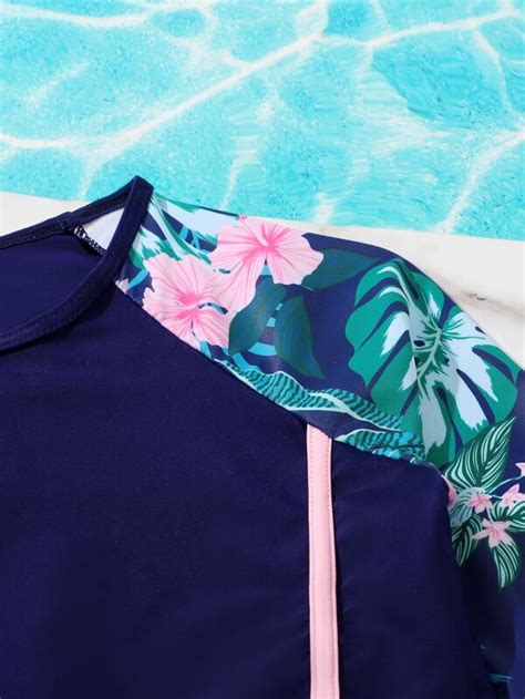 Teen Girls Tropical Print Raglan Sleeve High Neck Bikini Swimsuit SHEIN UK