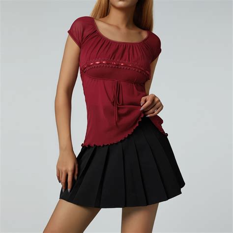 Demonlores Womens Y2K Hot Girls Lace Flower Crochet Tops Cap Sleeve Low Cut Drawstring T Shirt