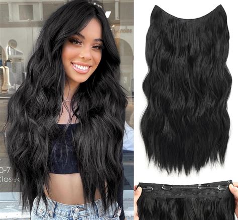 Halo Hair Extensions 20 Inch Invisible Wire Long Wavy Black Hair Extensions For