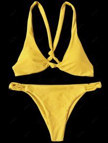 2018 Knotted Padded Scoop Bikini Set In YELLOW S ZAFUL