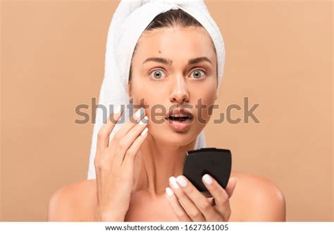 Shocked Naked Woman Holding Mirror Touching Stock Photo