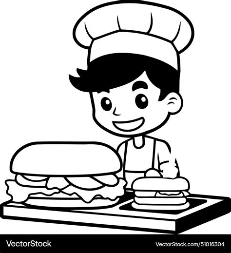 Cartoon Boy Chef With Hamburger In Cartoon Style Vector Image