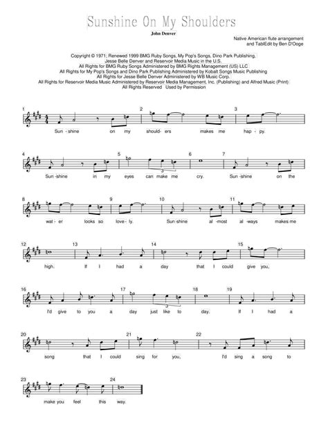 Sunshine On My Shoulders Arr Ben D Ooge By John Denver Sheet Music