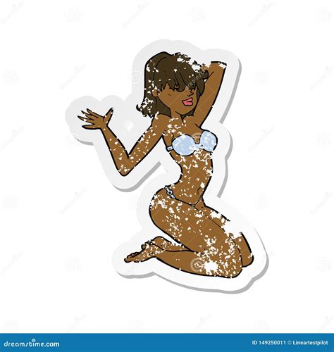 Etiqueta Engomada Apenada Retra De Una Muchacha Atractiva Del Bikini De La Historieta