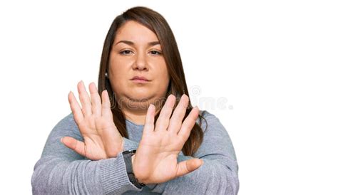 Beautiful Brunette Plus Size Woman Wearing Casual Clothes Rejection Expression Crossing Arms