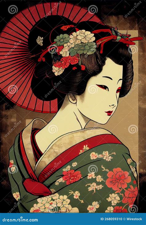 Ai Generated Illustration Of A Geisha Anime Girl With Tradition Outfit And Pretty Straw Hat