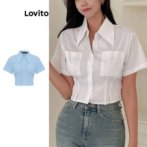 Lovito Women Casual Plain Structure Line Blouses L Ed White Blue