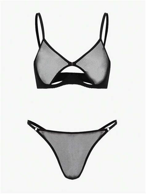 Classic Sexy Contrast Mesh Cut Out Thong Lingerie Set Shein Uk