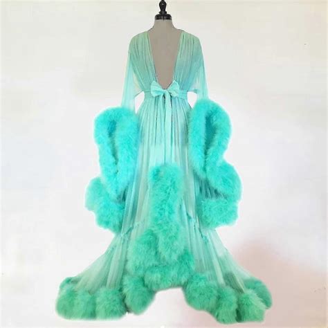 Women Fashion Tulle Robe Long Lingerie Nightgown Bathrobe Sleepwear Feather Bridal Robe Lace