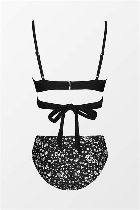 Ditsy Floral Wrap Underwire Bra Shirred Mid Rise Bikini Set