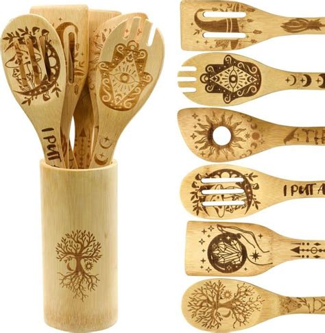 Set Ustensiles De Cuisine En Bois Avec Support Cuillères Spatules