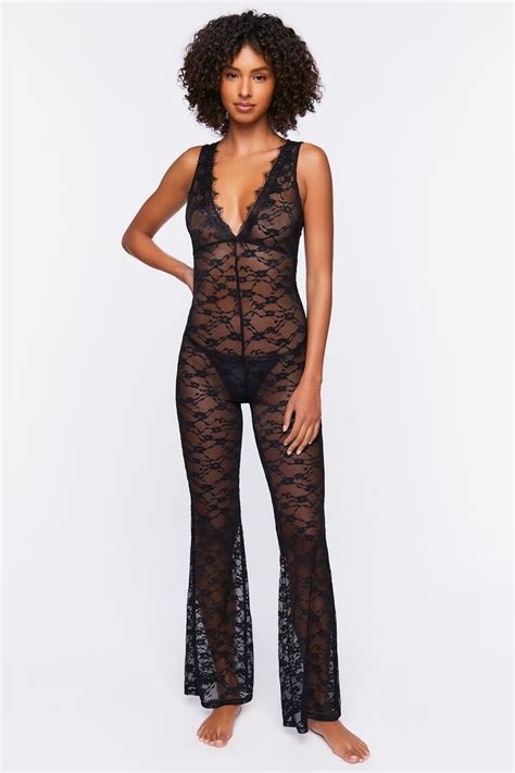 Forever Sheer Lace Lingerie Jumpsuit Black Forever Usa