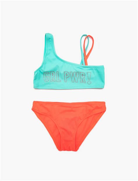 Mavi Kız Çocuk Bikini 2 Parça Baskılı Asimetrik Kesim 9YKS86254BM Koton