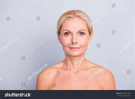 Stock Photo Portrait Of Pretty Attractive Charming Blonde Shirtless Nude Woman With Perfect Skin
