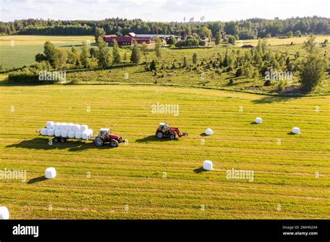 Tractor Collecting Hay Bales Stock Photo Alamy