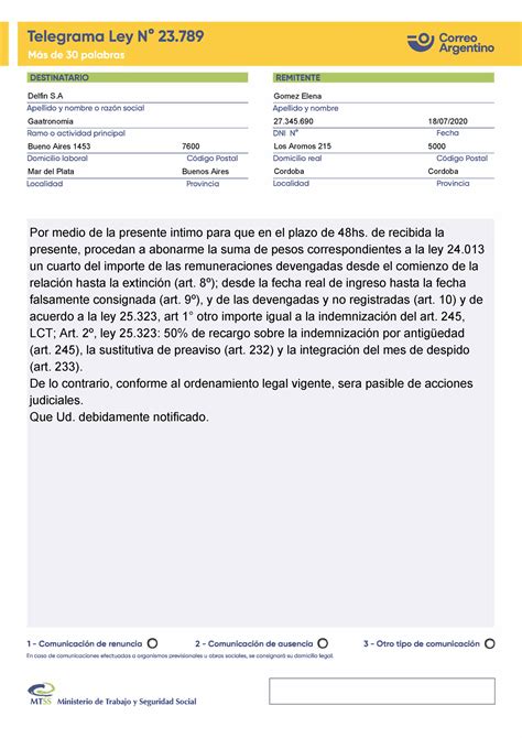 Carta Documento Derecho Laboral Siglo 21 Studocu