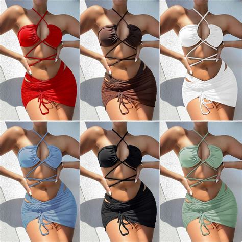 Bikini Sommar Triangel Baddr Kt Kvinnor Halter Badkl Der Kjol Stycken Set Elegant Baddr Kt Zd