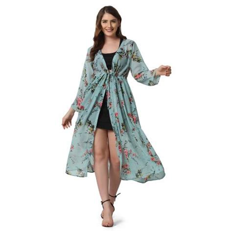 Buy BuyNewTrend Light Blue Georgette Floral Print Women Long Shrug