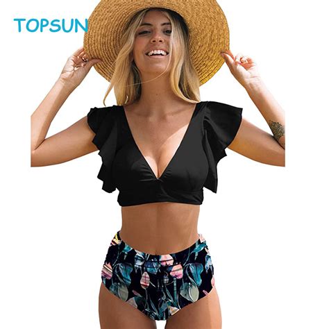 Women Ruffle High Waist Swimsuit Two Pieces Push Up Tropical Print Bikini Swimwear And