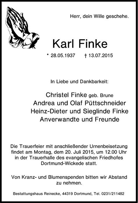 Traueranzeigen Von Karl Finke Trauer In Nrw De