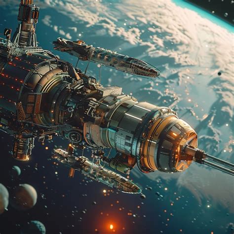 Futuristic Space Station Orbiting Planet Premium AI Generated Image