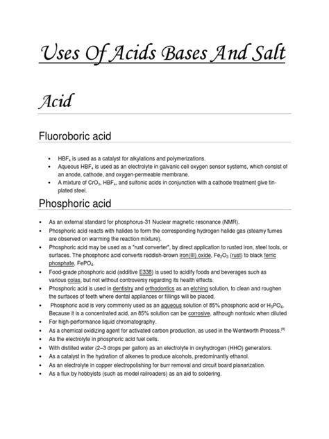 Uses of Acids Bases and Salts | PDF | Sodium Hydroxide | Phosphoric Acid