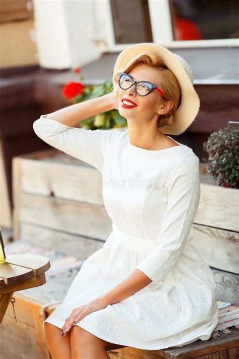 Blonde In Retro Look Resting In Cafe Stock Photo Image Of Elegant Retro