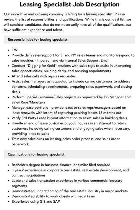 Leasing Specialist Job Description Velvet Jobs