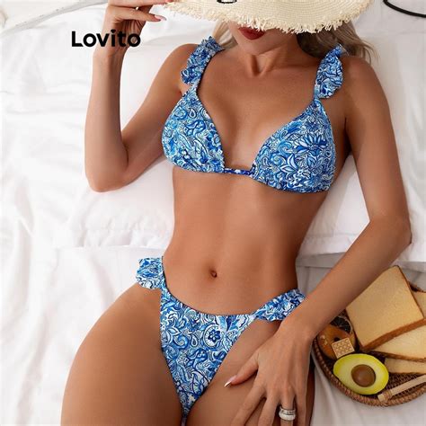 Lovito Sexy Paisley Tie Back Ruffle Pattern Bikini Sets For Women LNL Shopee Malaysia