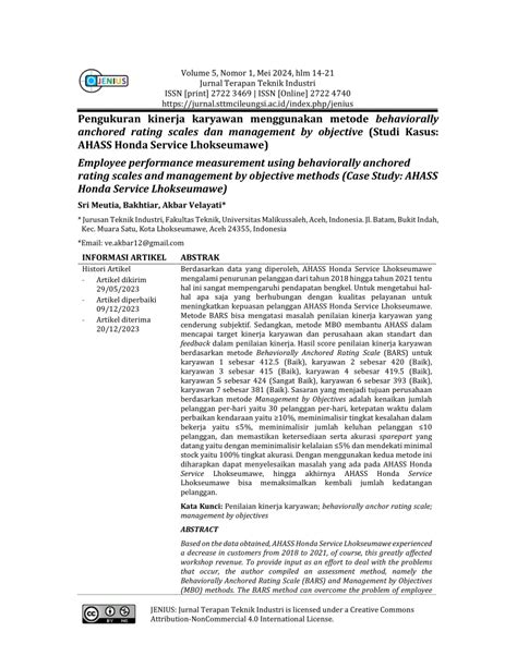 Pdf Pengukuran Kinerja Karyawan Menggunakan Metode Behaviorally Anchored Rating Scales Dan