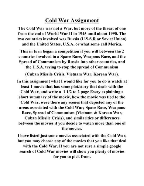 Cold War Essay Assignment Cold War Assignment The Cold War Was Not A