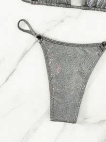 Swim SXY Summer Beach Metallic Bikini Set Micro Triangle Bra O Ring Linked Thong 2 Pieces