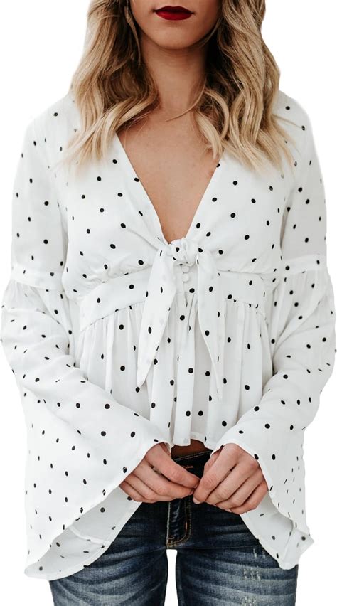 Langarmshirt Damen Elegant Vintage Polka Dots Langarm Trompetenärmel V