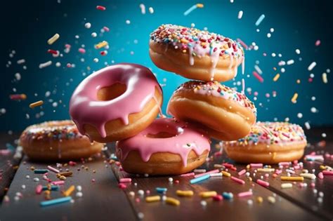 Premium AI Image Flying Sweet Treats Donuts With Vibrant Sprinkles On