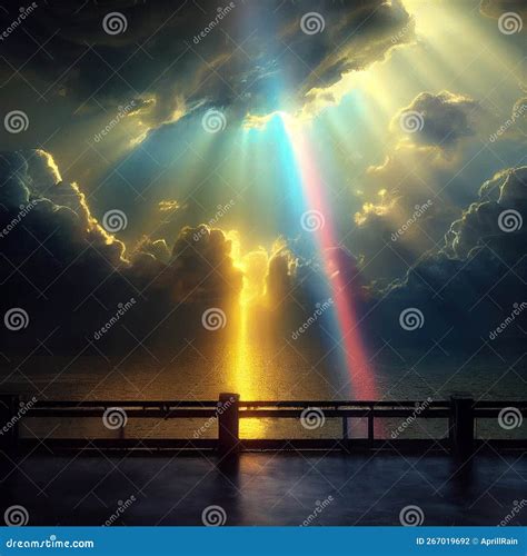 Bright Heavenly Rainbow Sunbeams Breaking Through Cumulus Clouds A