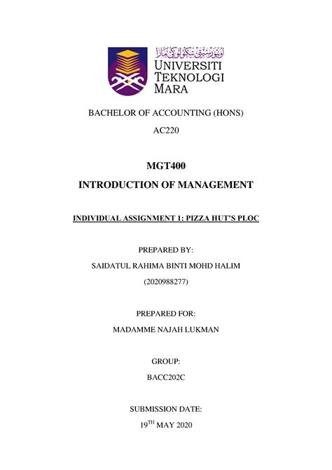 PLOC Saidatul Rahima bt Mohd Halim - BACHELOR OF ACCOUNTING (HONS) AC MGT INTRODUCTION OF ...