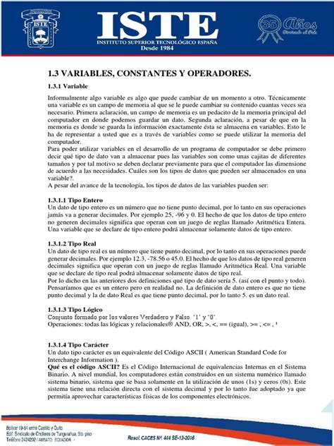 Variables Constantes Y Operadores Pdf Tipo De Datos Variable Informática