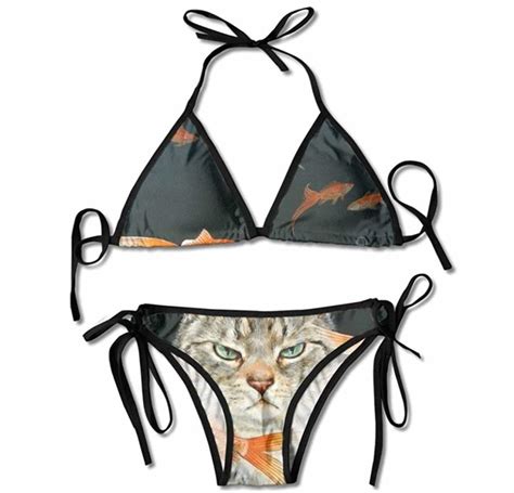 Keben Bikini Cat With Goldfish Funny Bubble Fish Kitten Bikini Set Beach Swimwear Two Piece