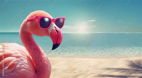 Summer Concept Design Of Flamingo Bird Wearing Sunglasses At The Beach