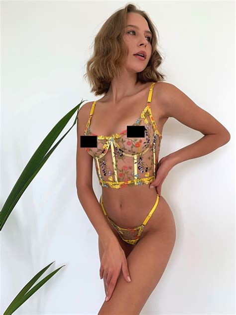 Embroidered Lingerie Set Floral Lingerie Set Sheer Panty Lace Bra Corset Lingerie Embroidery