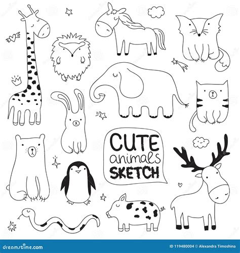 Vector Cartoon Sketch Illustration with Cute Doodle Animals Stock Vector - Illustration of drawn ...